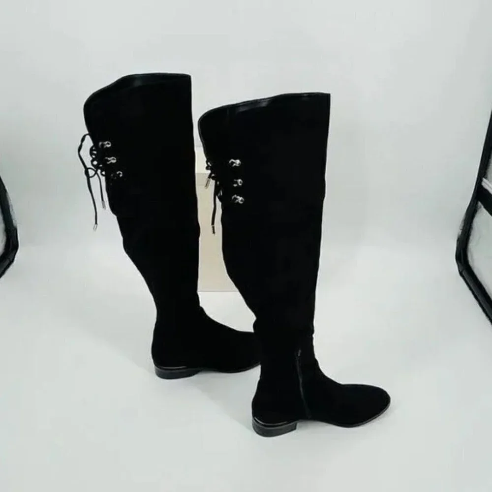 Ivanka Trump  Lnde Faux Suede Lace-Up Over-The-Knee Boots black 7.5M